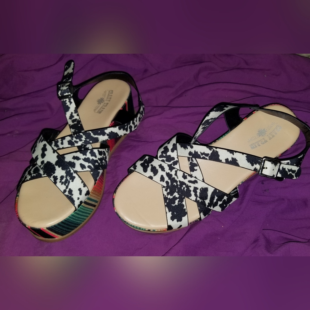 Women's Crazy Train Black & White Cow Print Multicolored Platform Wedge Sandals